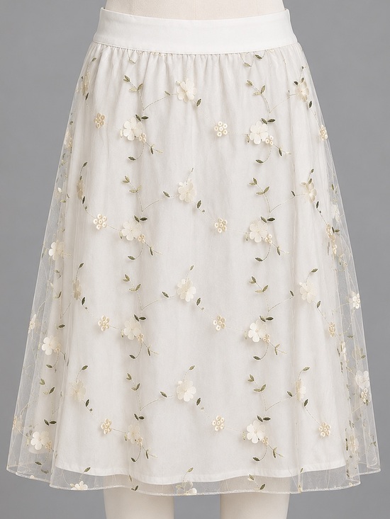 Alice Blue Dresses & Skirts - AliceBlue Cream/White, Lace, Floral Details, Lined, Midi Skirt- S